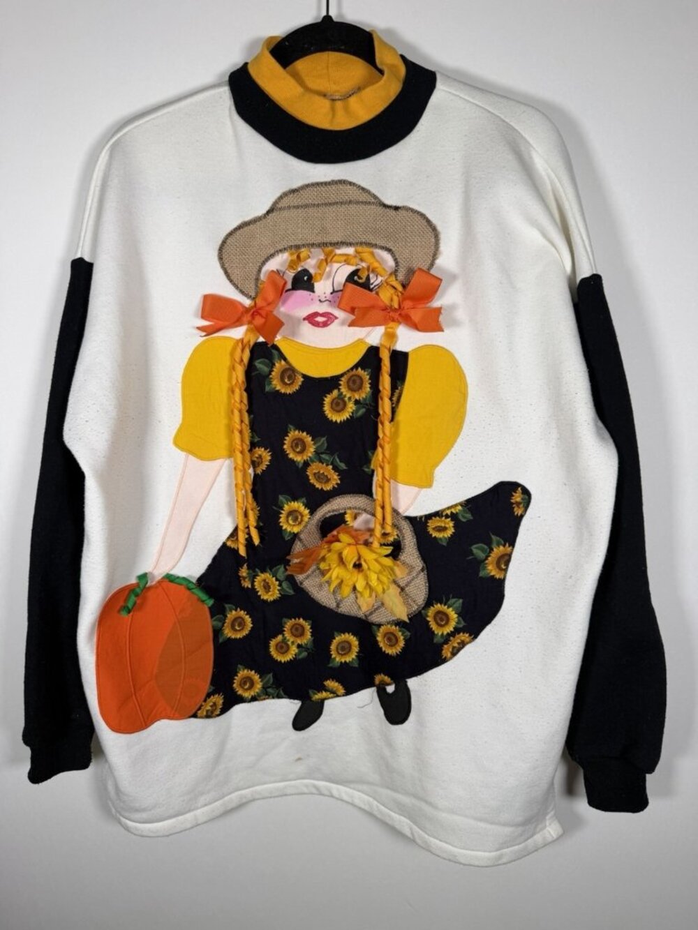 Vintage 80s whimsical ribbons country sunflower Halloween sweatshirt XL pumpkins